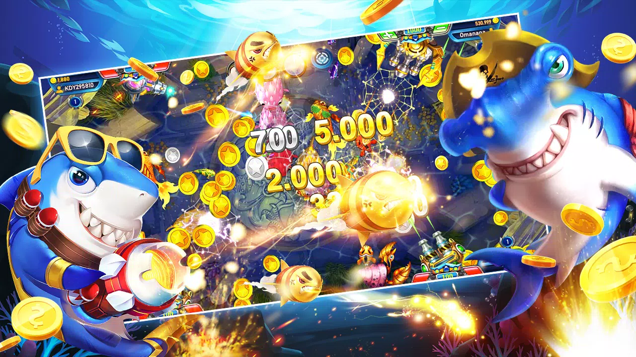 หน้าจอเกมยิงปลาใต้น้ำพร้อมเป้าหมายหลากหลายชนิด